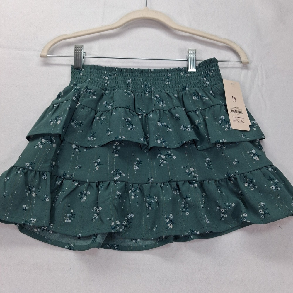 Weekend Academy Skirt Girls M 7-8 WA Tiered Skirt Green Floral Metallic NEW